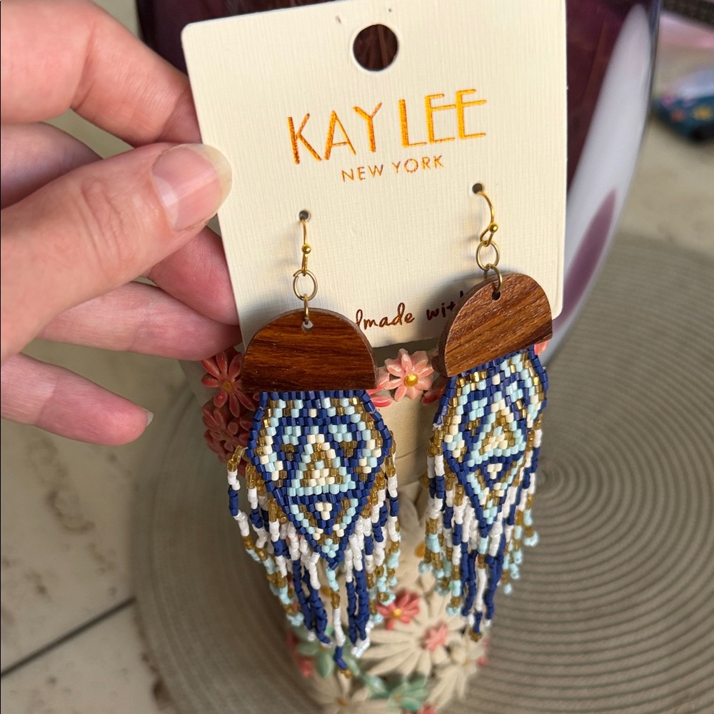 KAY LEE NY Beaded Fringe Wood Drop Earrings - Blue & Gold